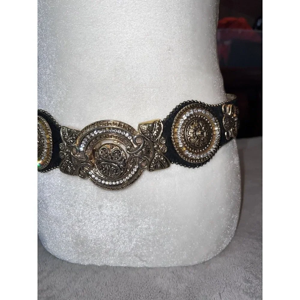Vintage IBEL Italy Black Suede Adjustable Gold Buckle Details Jewels Waist